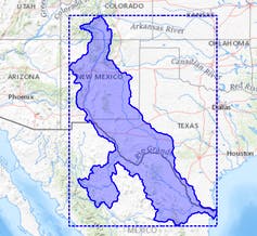 Mapa de la frontera entre Estados Unidos y México con un área destacada